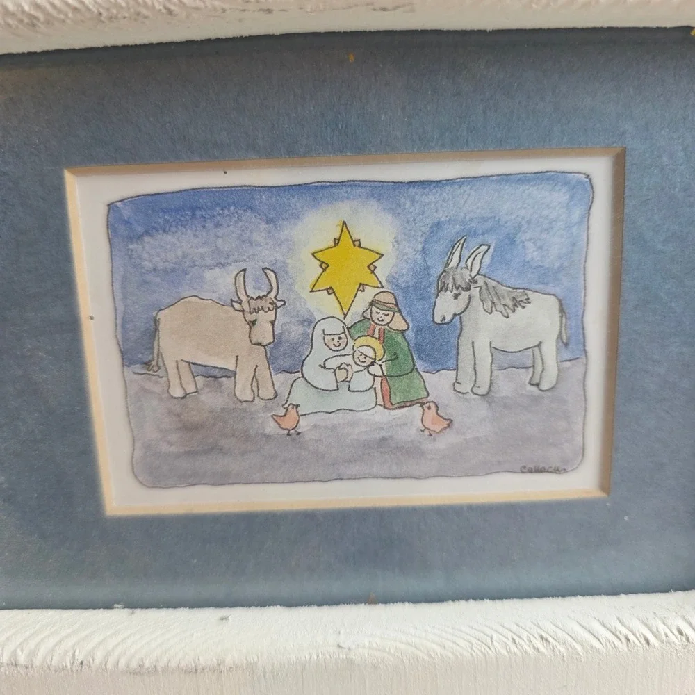 Rustic Wooden Nativity Scene Watercolor Art Frame with Star and Bird Topper